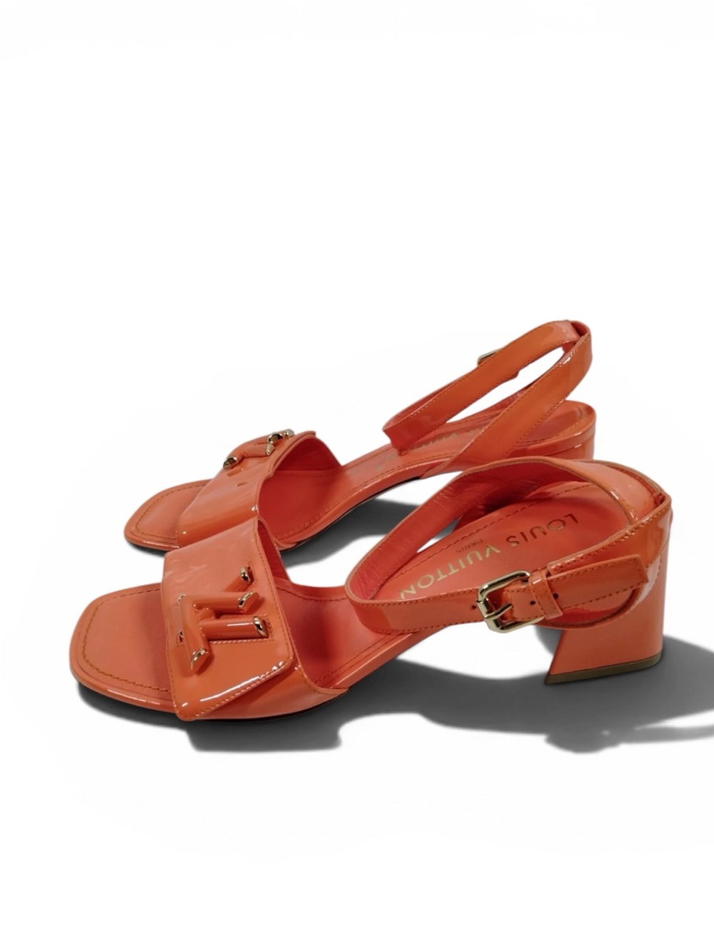 Louis Vuitton Orange Patent Leather Block Heel Sandals - Picture 3 of 7